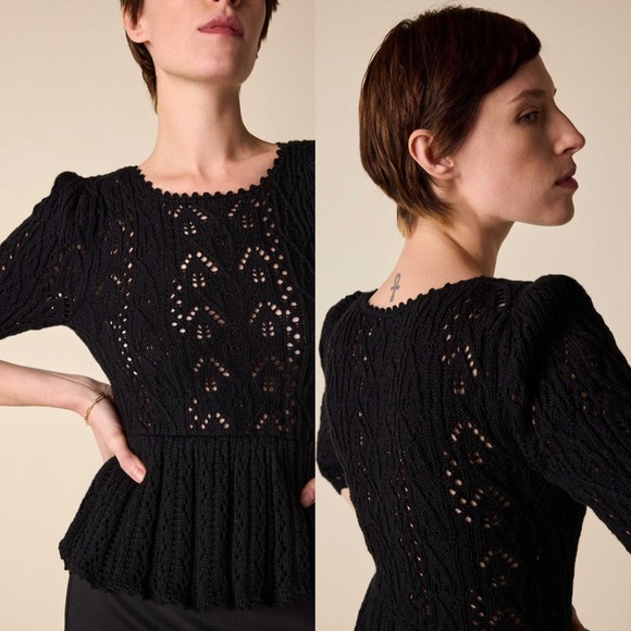 NWT St.Roche Filigree Floral Knit Crochet Sweater Peplum Pullover Top Black S - Picture 2 of 13
